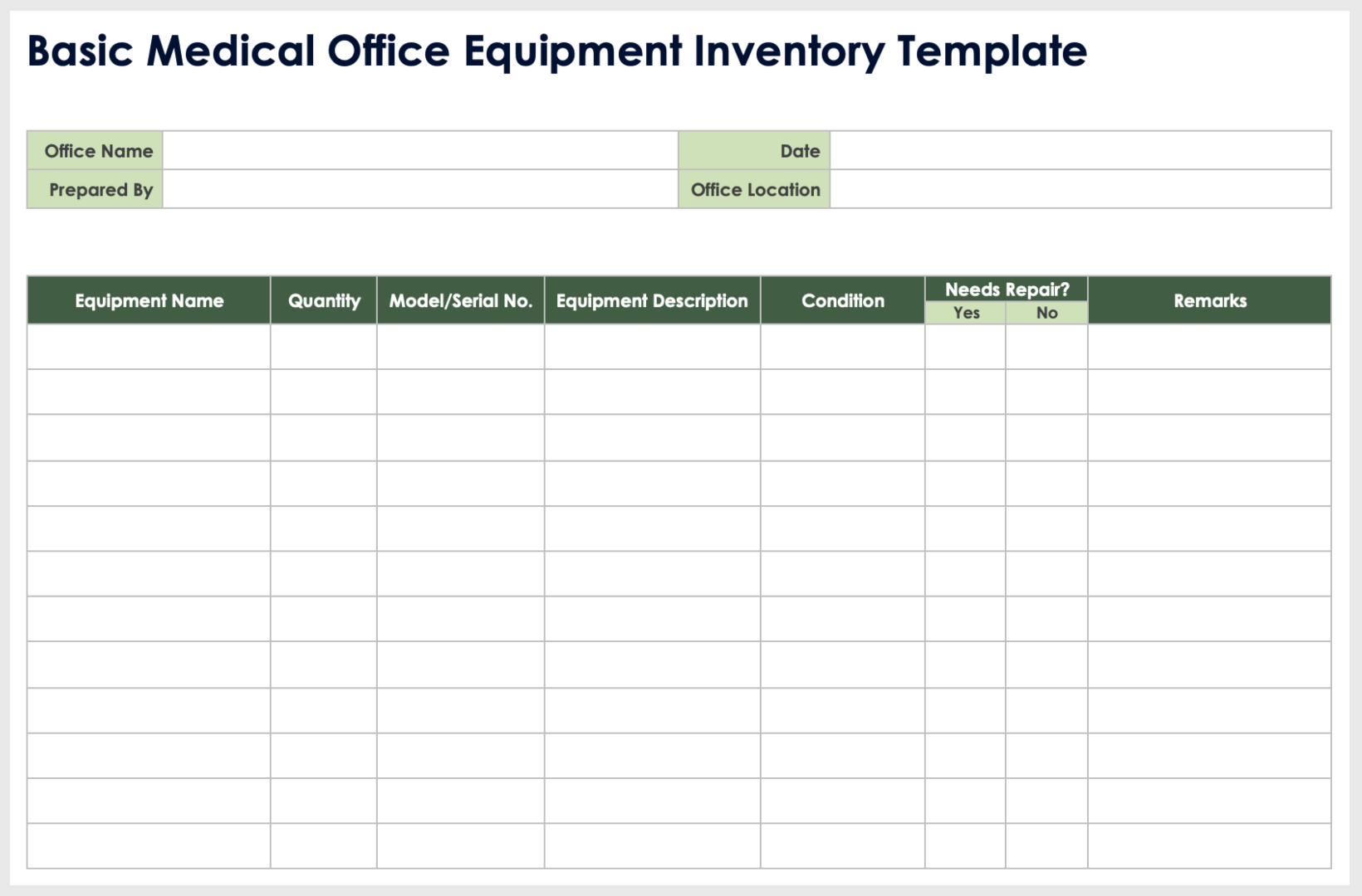 Modello base di inventario delle attrezzature per studio medico