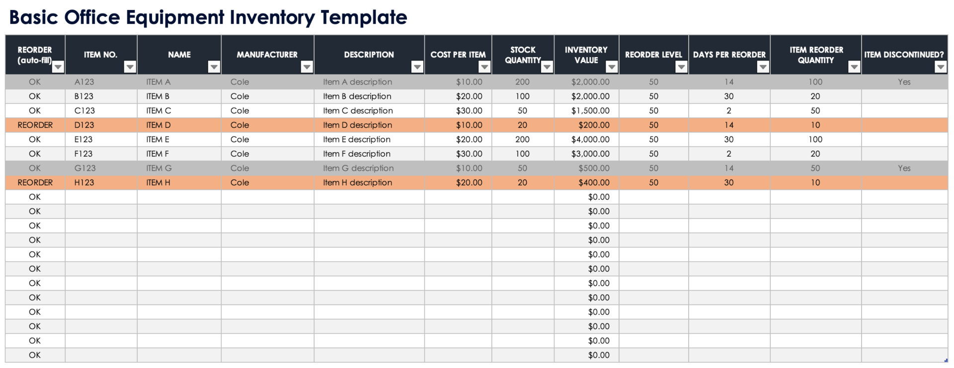 Modello base di inventario delle attrezzature per ufficio