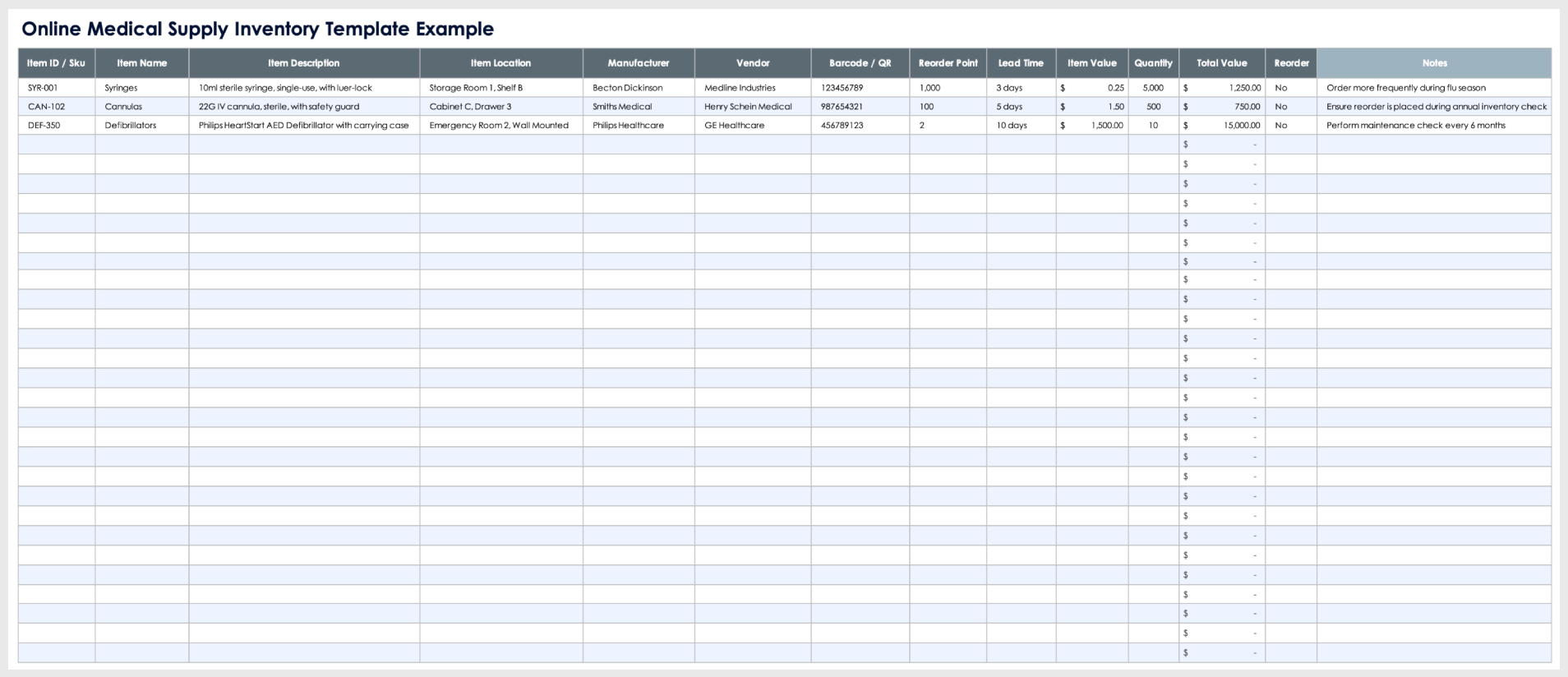 Esempio di modello di inventario online delle forniture mediche