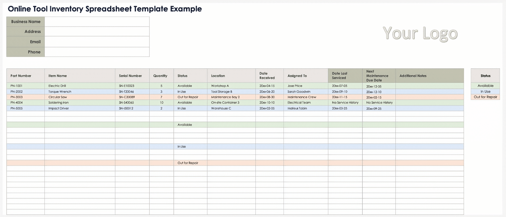 Esempio di modello di foglio di calcolo online per inventario degli strumenti