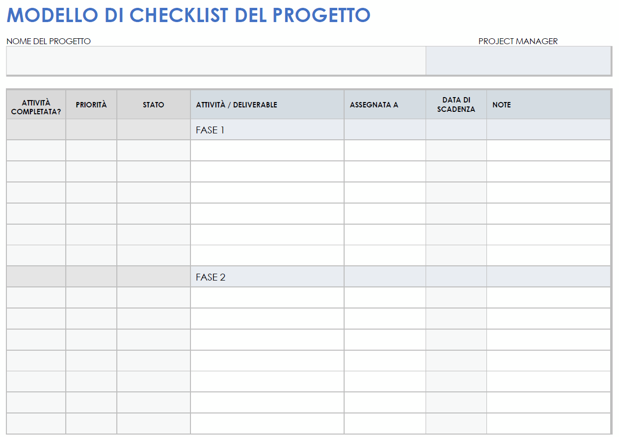  Modello di lista di controllo del progetto