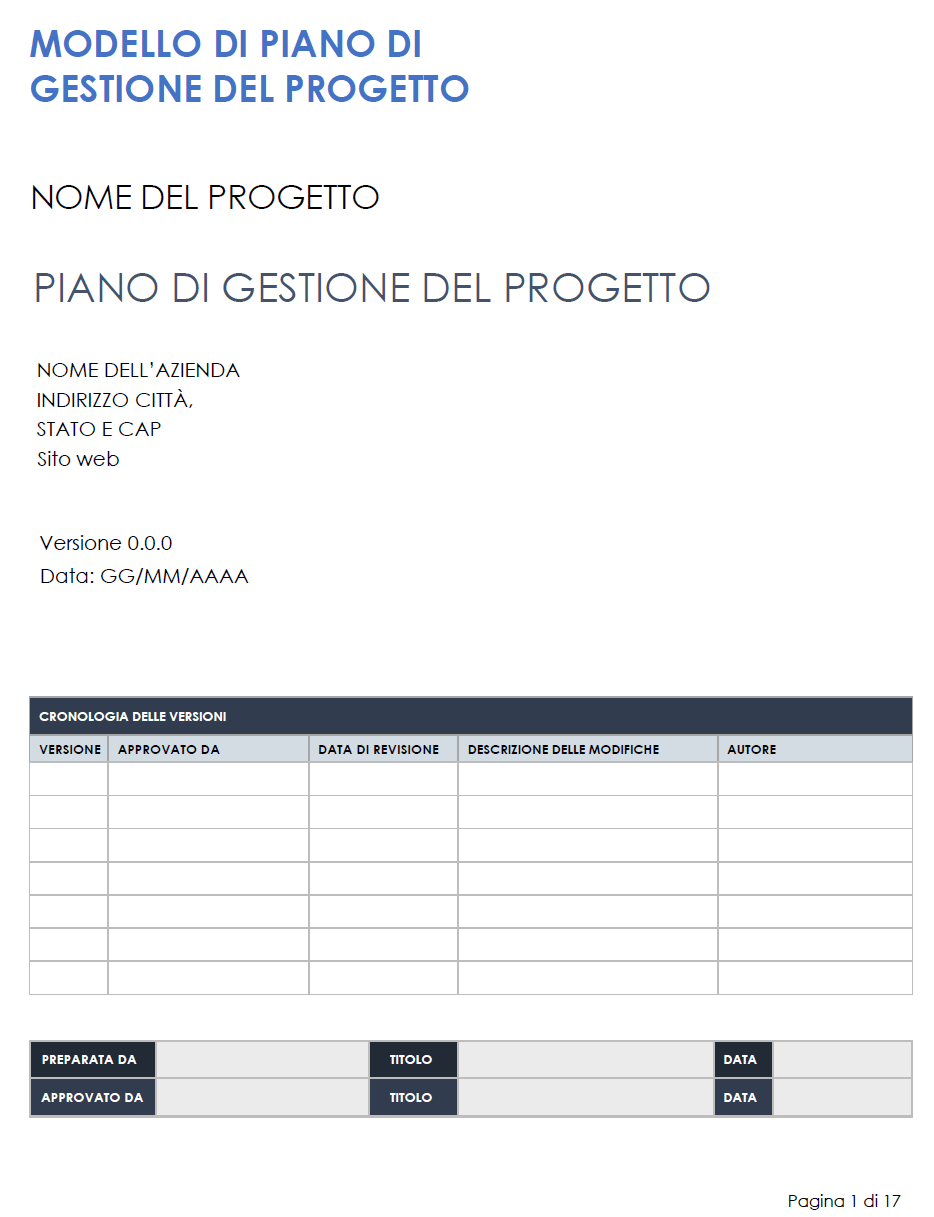  Modello di piano di gestione del progetto