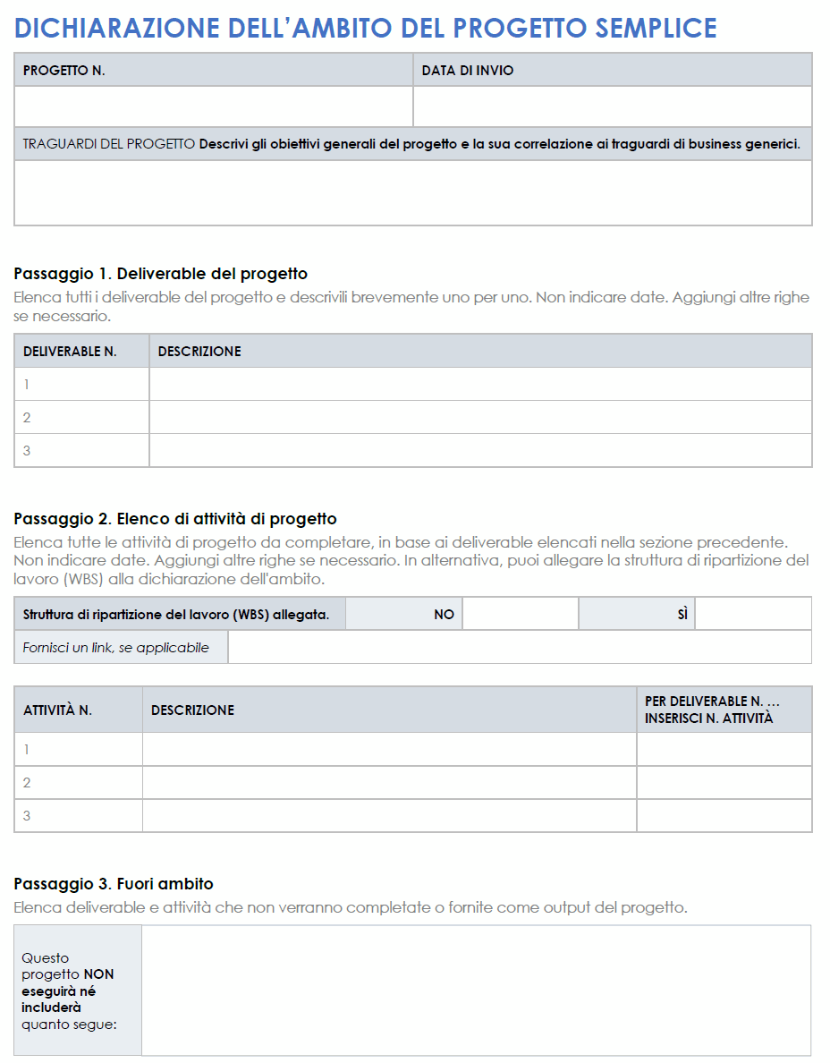  Modello di dichiarazione di ambito di progetto semplice