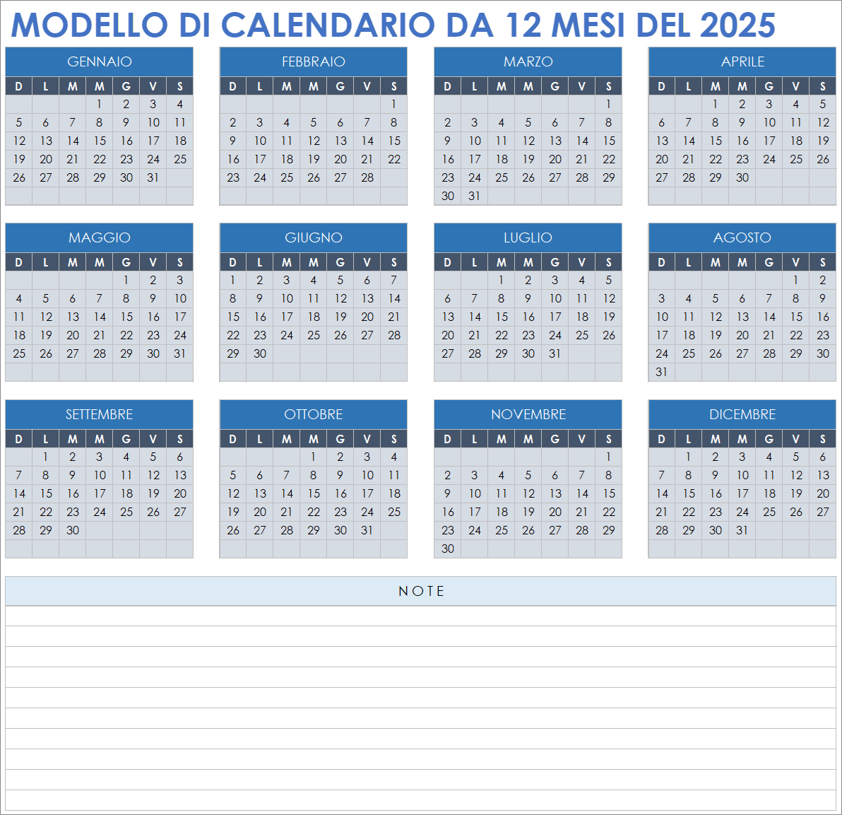 Modello di calendario da 12 mesi del 2025