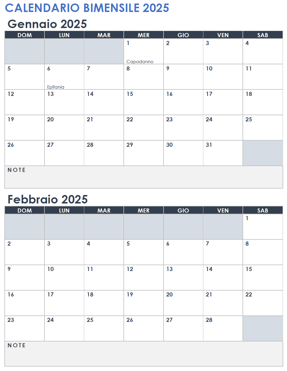 Calendario 2025 da 2 mesi