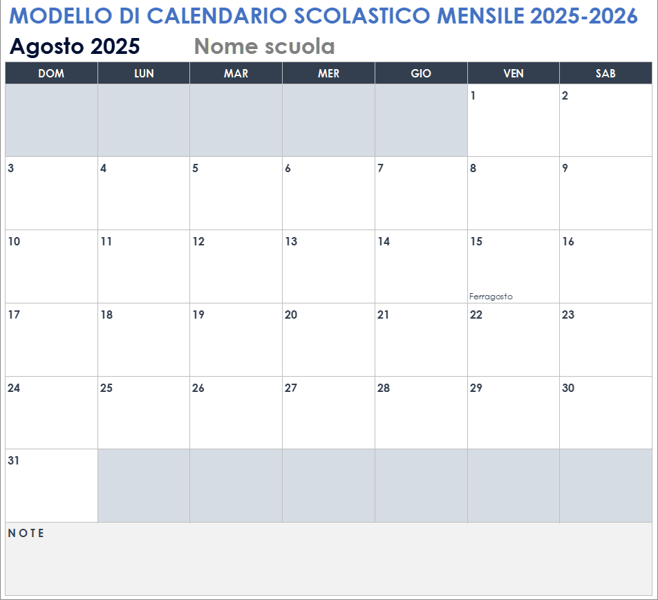 Modello di calendario scolastico mensile 2025-2026