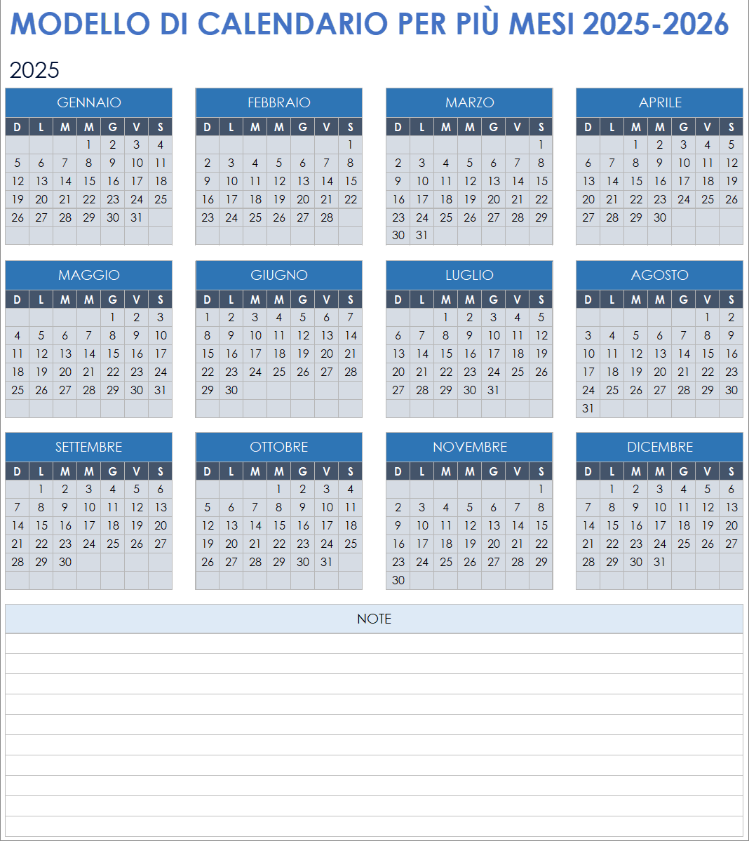 Modello di calendario multi-mese 2025-2026