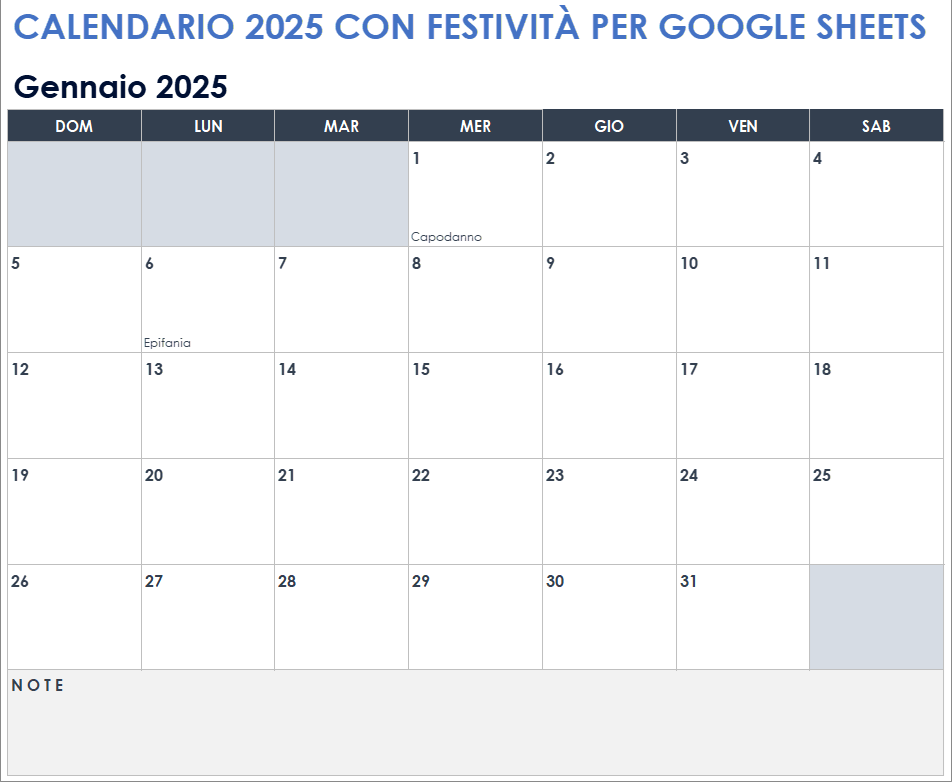 Calendario 2025 con festività per Fogli Google