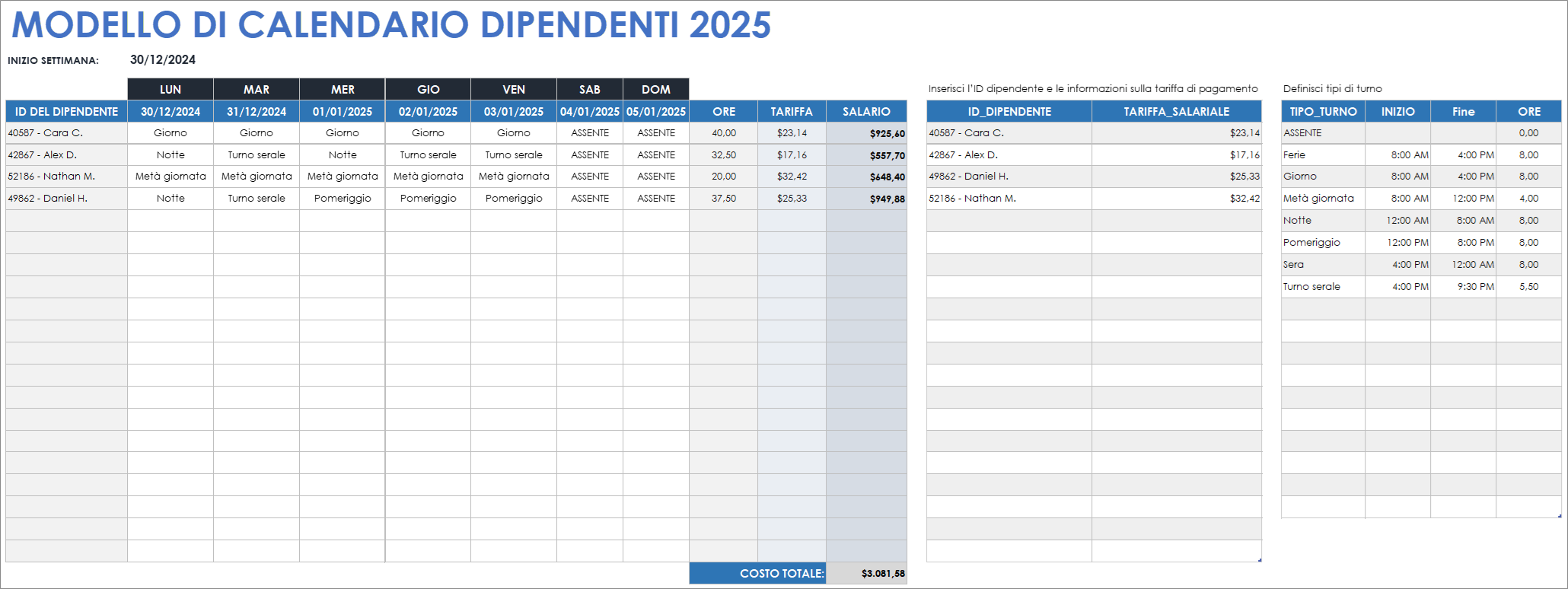 Modello Google Sheets di calendario per i dipendenti 2025