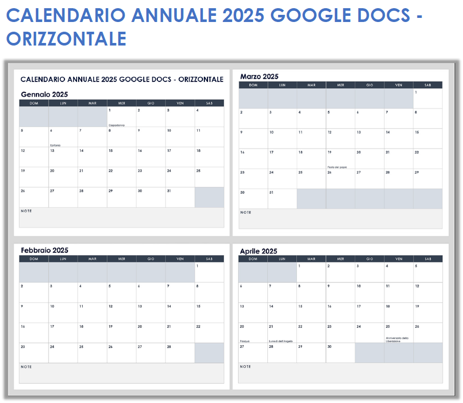 Calendario annuale 2025 Google Docs, orizzontale