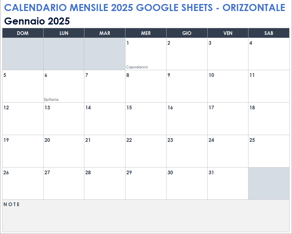 Calendario mensile 2025 Google Sheets, orizzontale