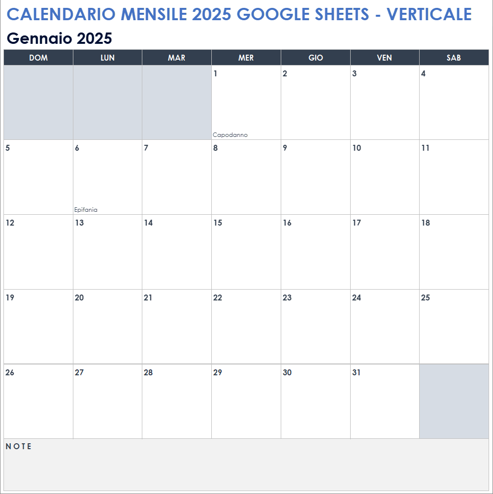 Calendario mensile 2025 Google Sheets, verticale