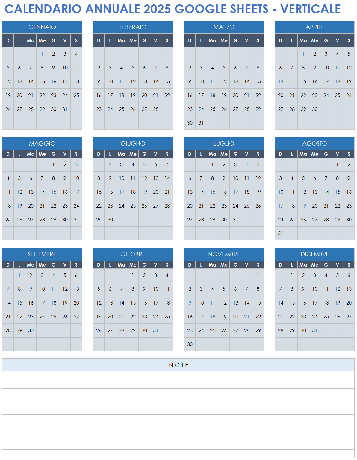 Calendario annuale 2025 Google Sheets, verticale
