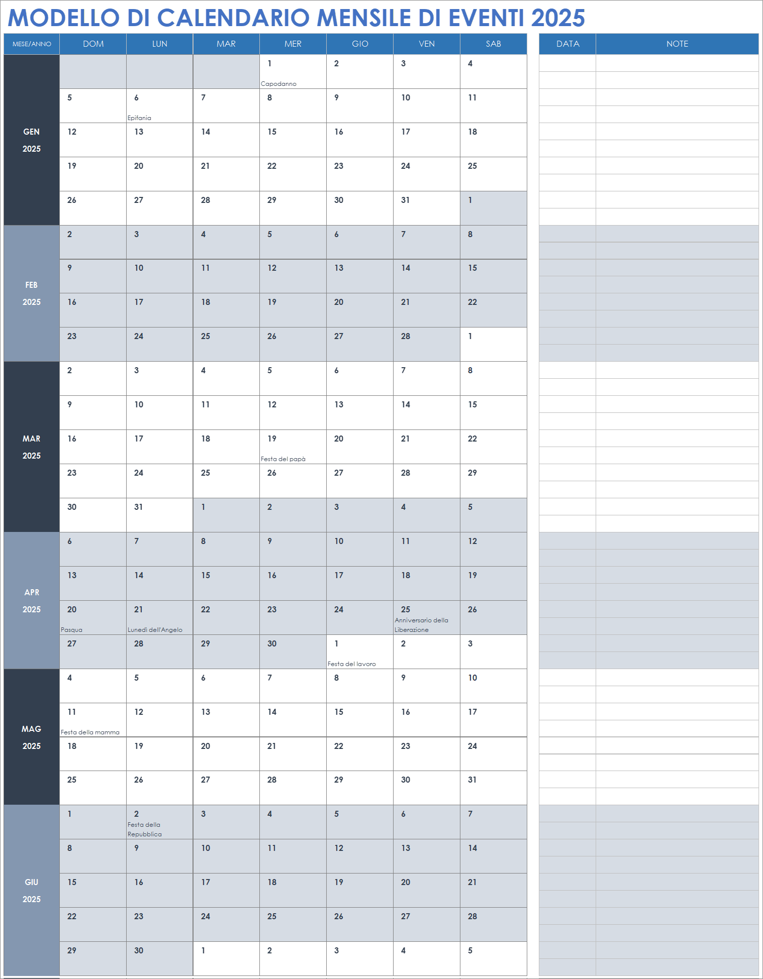 Modello di calendario mensile di eventi 2025