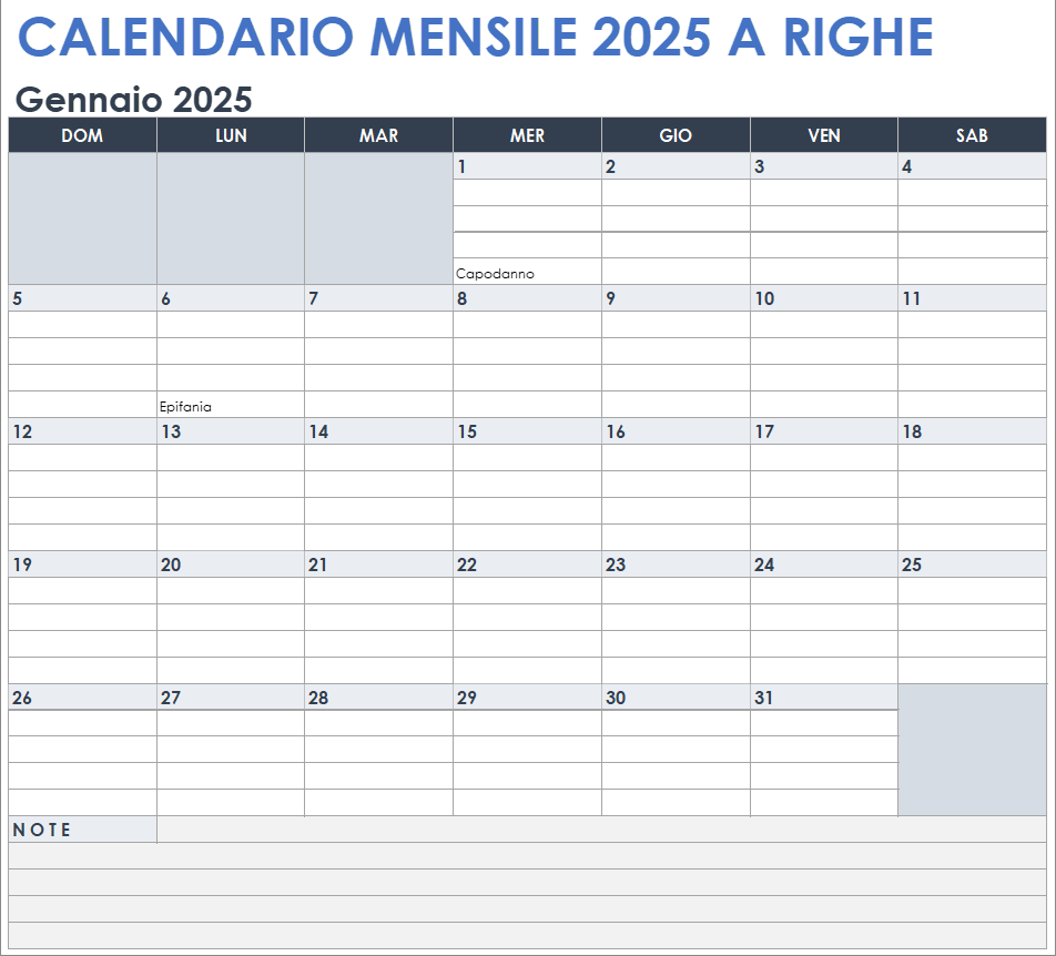 Calendario mensile a righe 2025