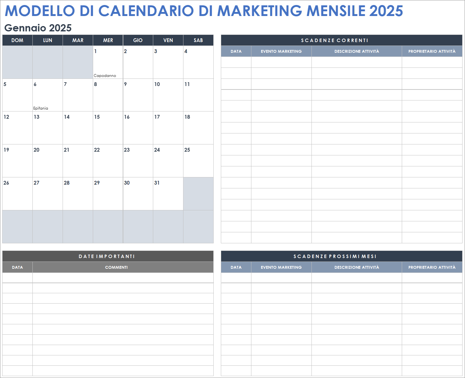 Modello di calendario mensile 2025 per marketing