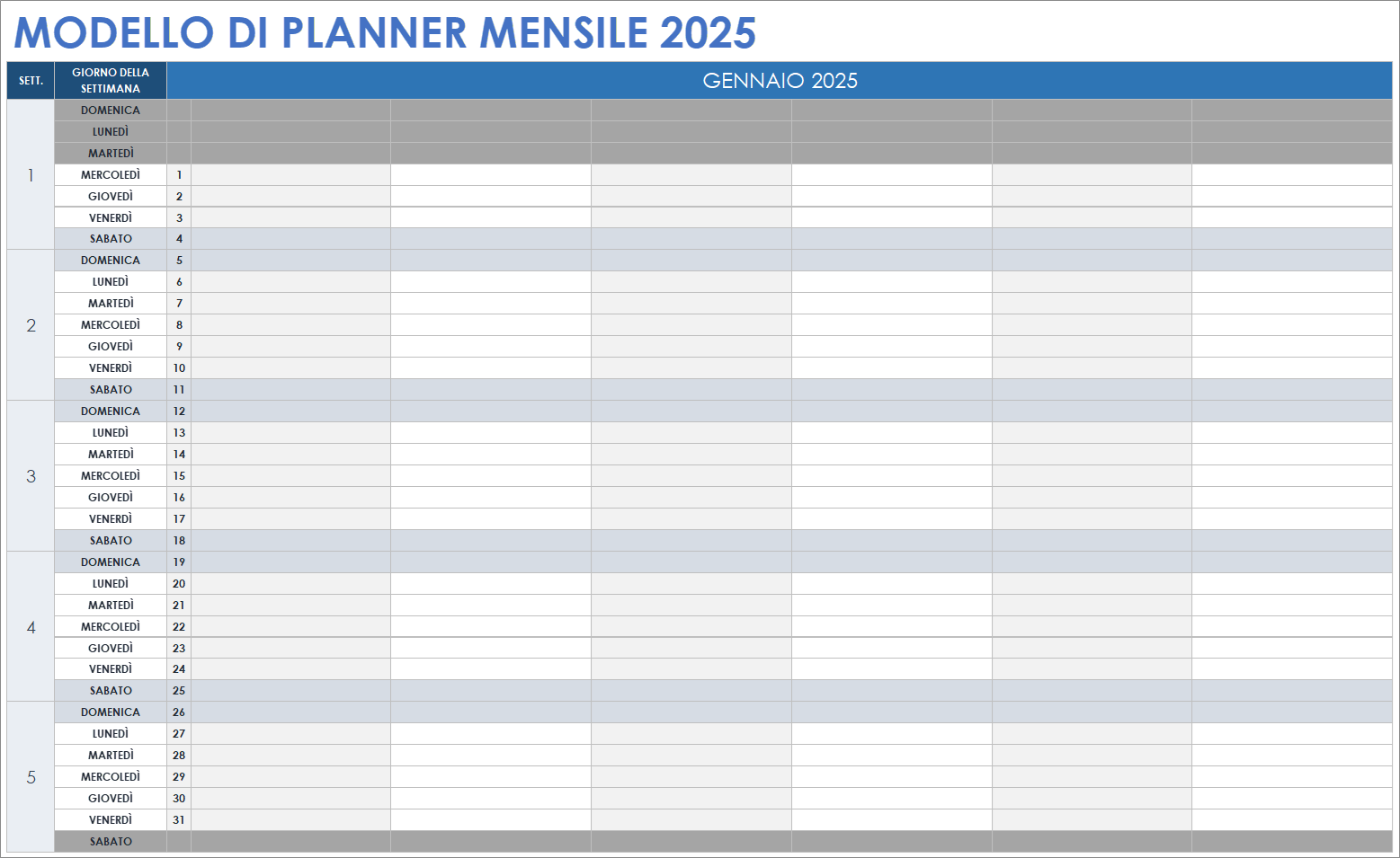 Modello di pianificatore mensile 2025 per Fogli Google