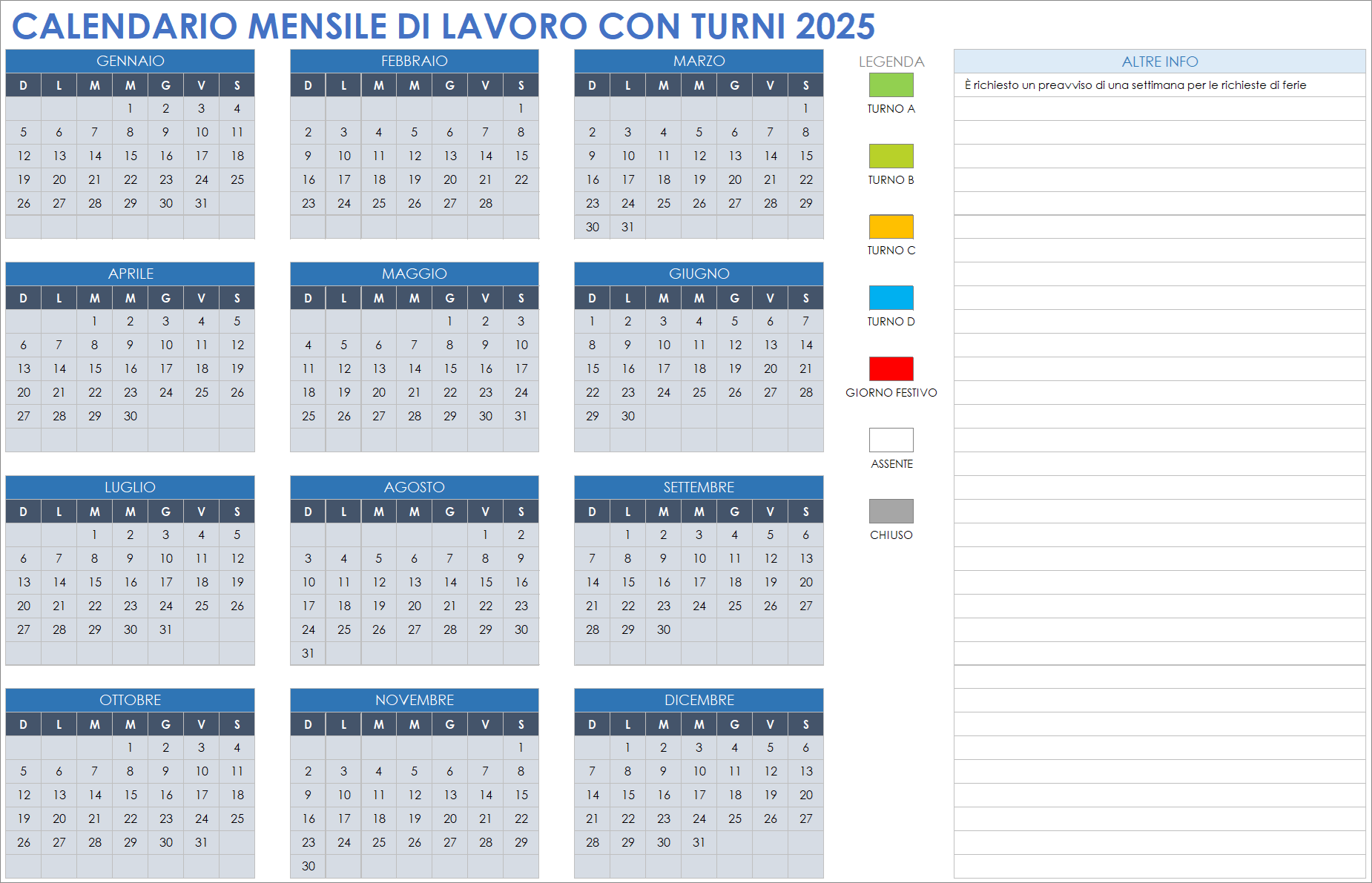 Calendario mensile di lavoro con turni 2025