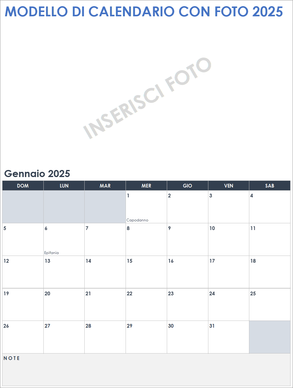 Modello di calendario 2025 con foto