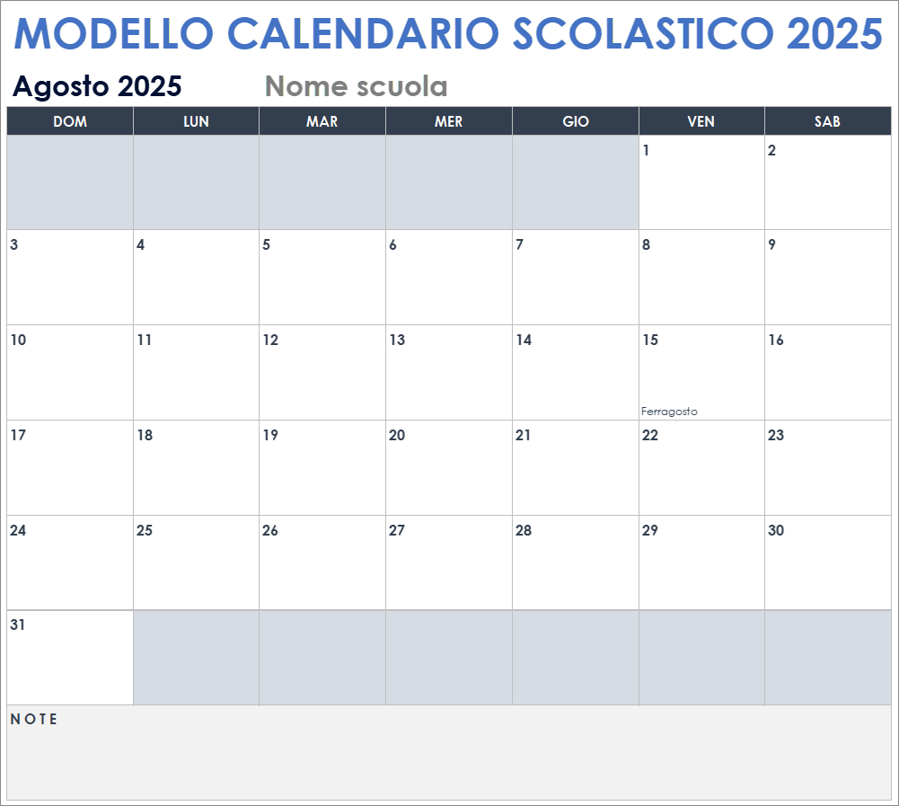 Modello di calendario scolastico 2025