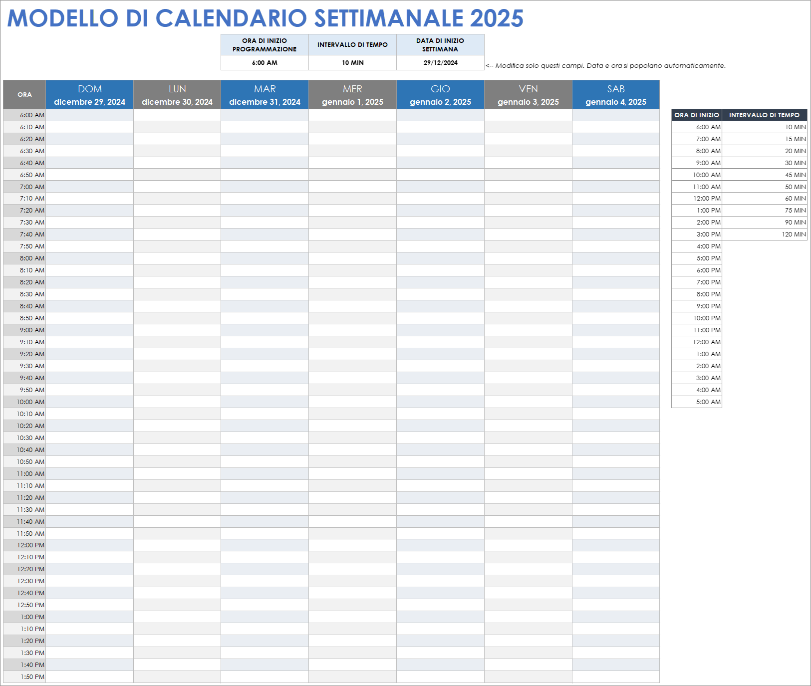 Modello Google Sheets di calendario settimanale 2025