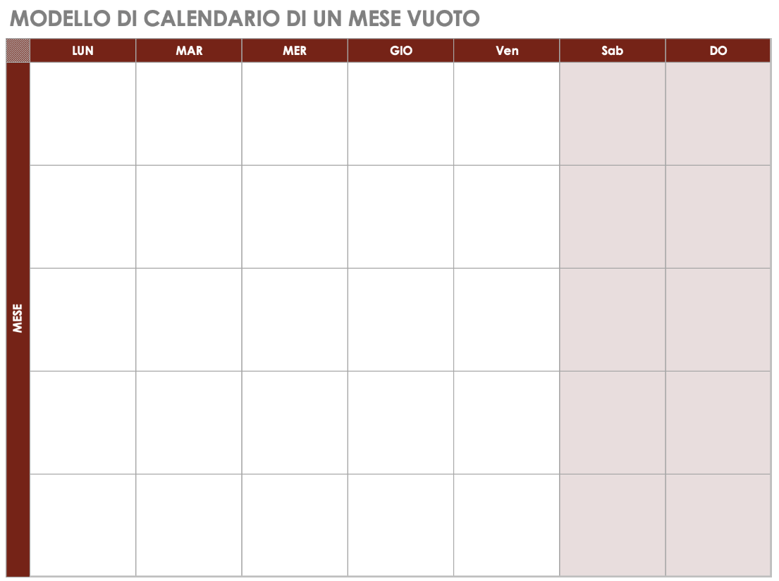 Modello di calendario vuoto da un mese, primo giorno lunedì