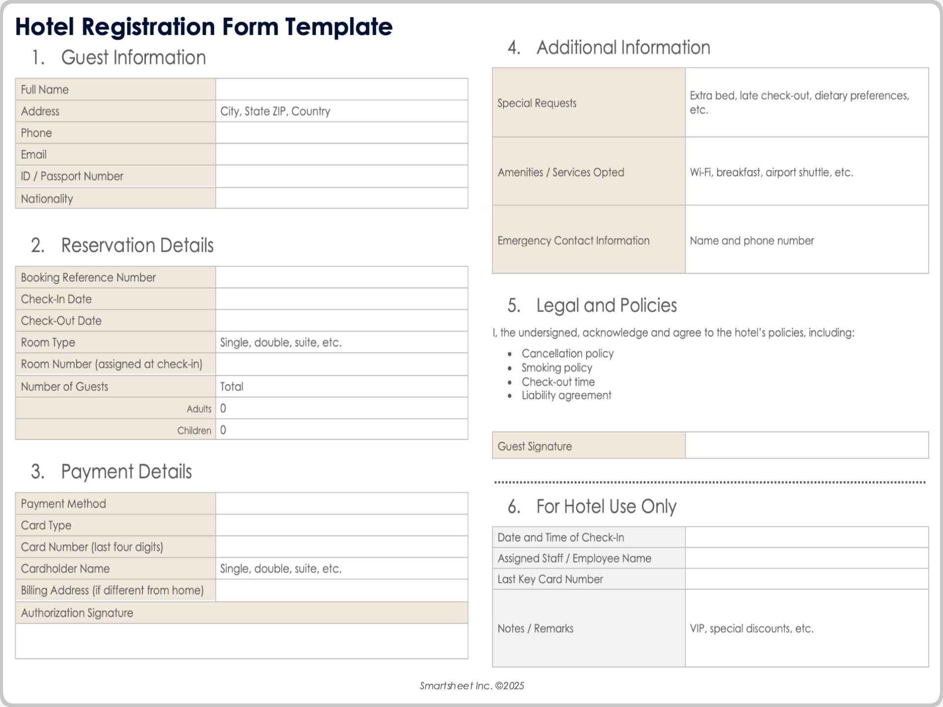 Modello di modulo di registrazione per hotel