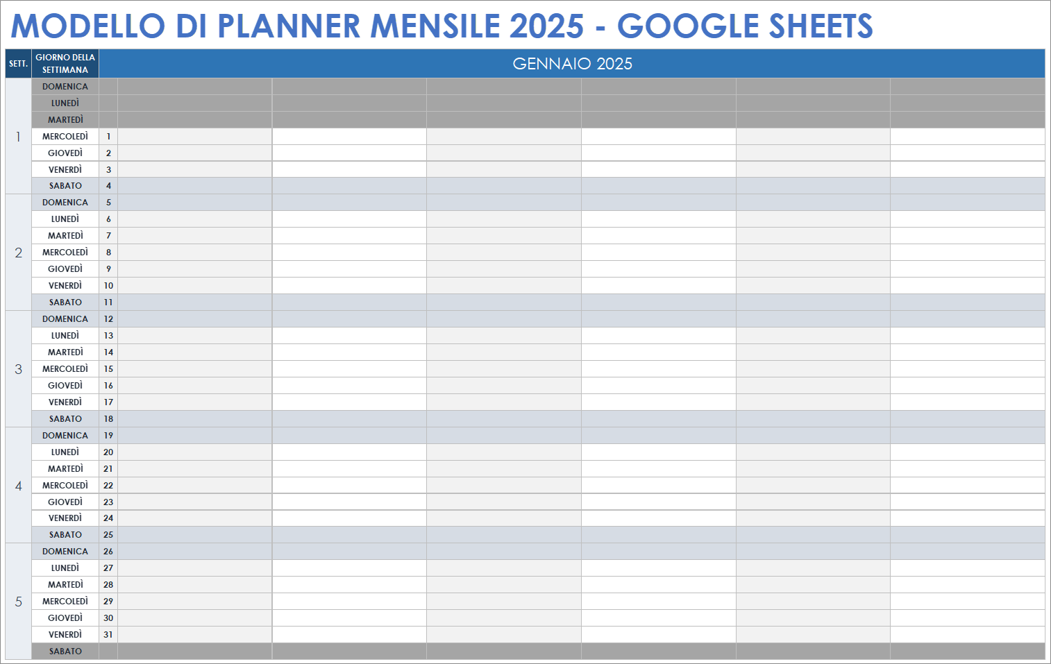 Modello di planner mensile 2025 Google Sheets