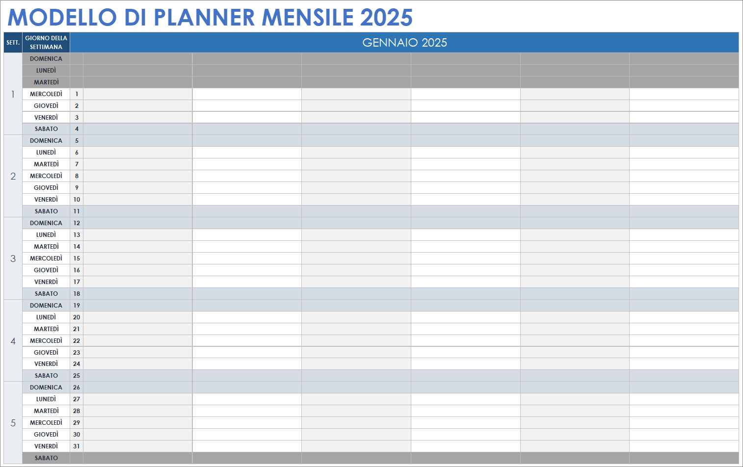 Modello di planner mensile 2025