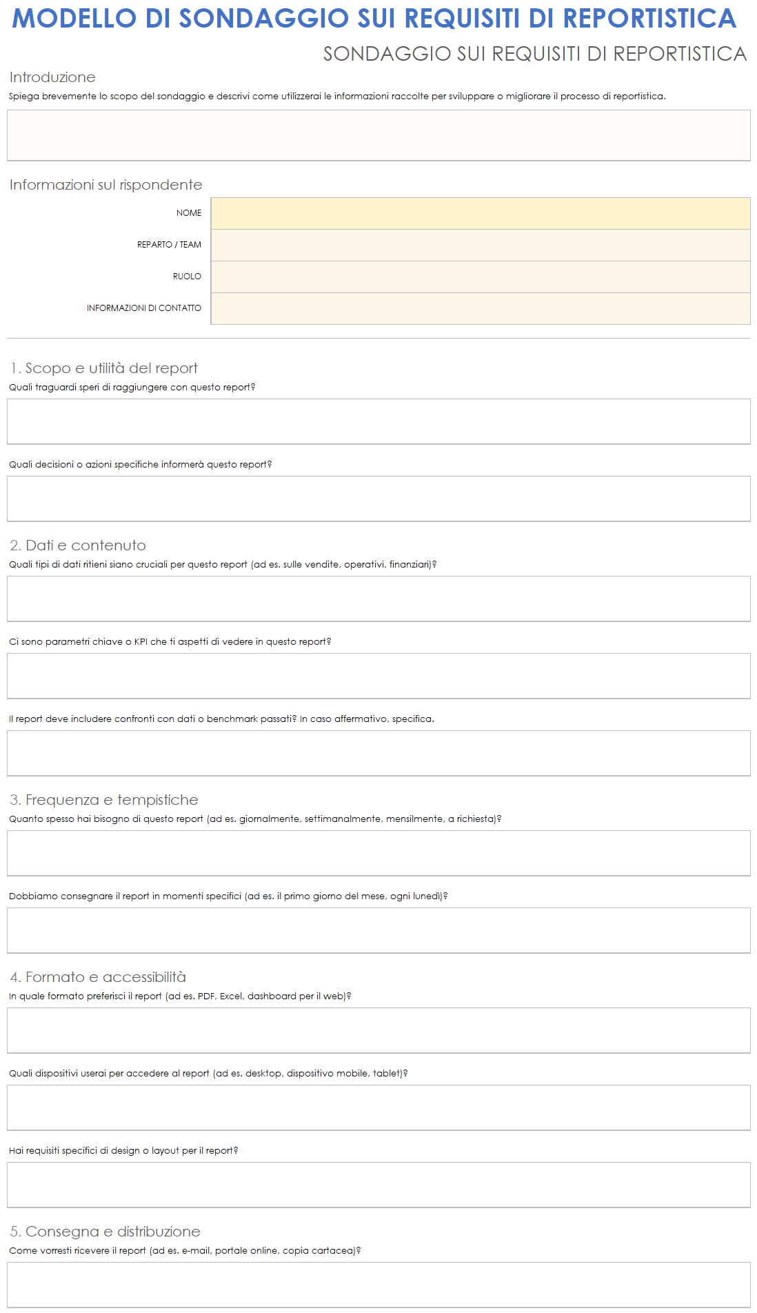 Modello di indagine sui requisiti di reportistica