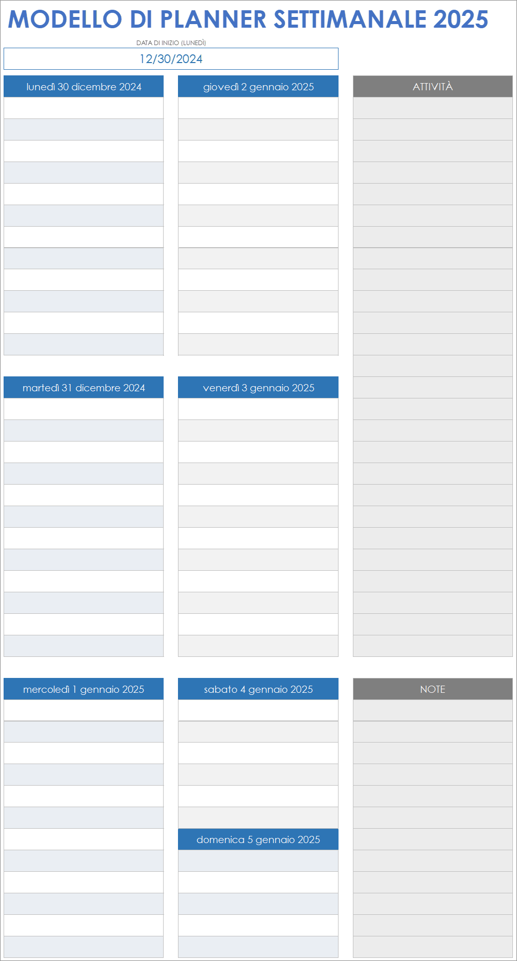 Modello di planner settimanale 2025