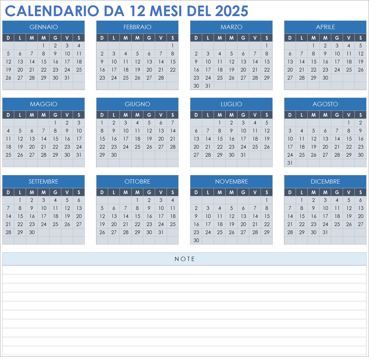  Modello di calendario 2025-12 mesi