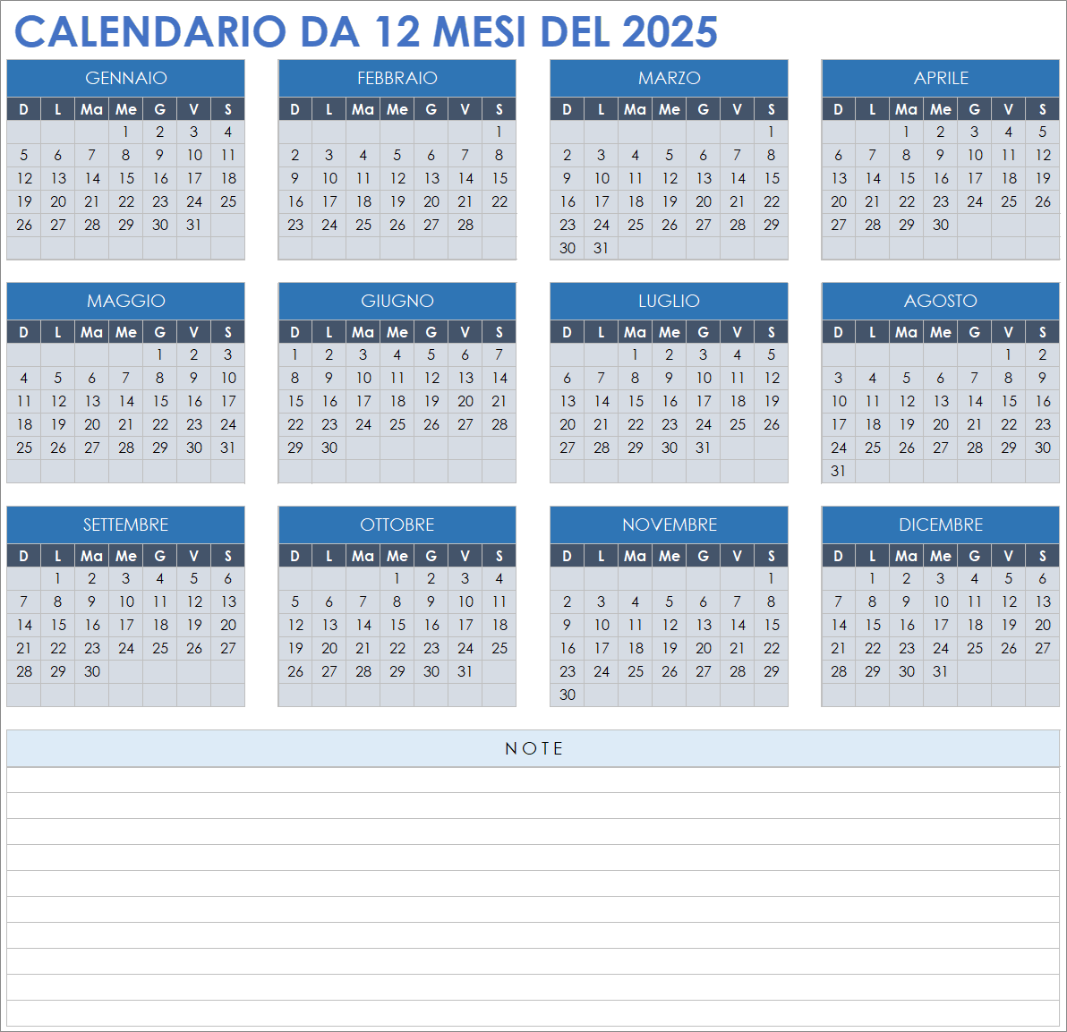 Modello di calendario 2025 da 12 mesi