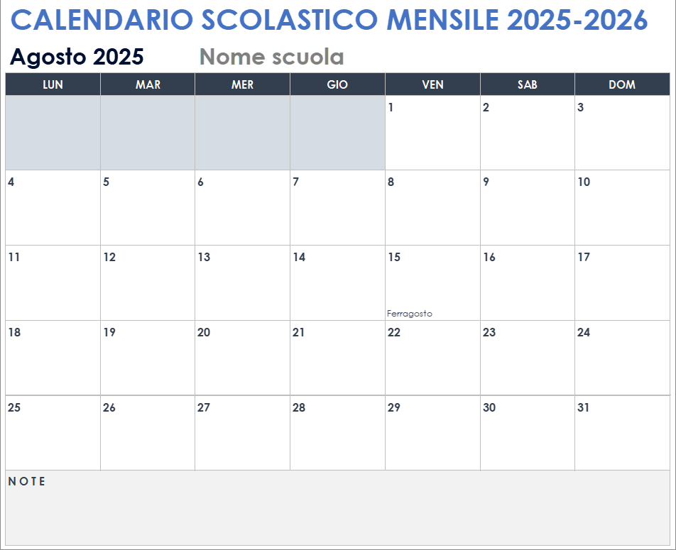 Modello di calendario scolastico mensile 2025-2026