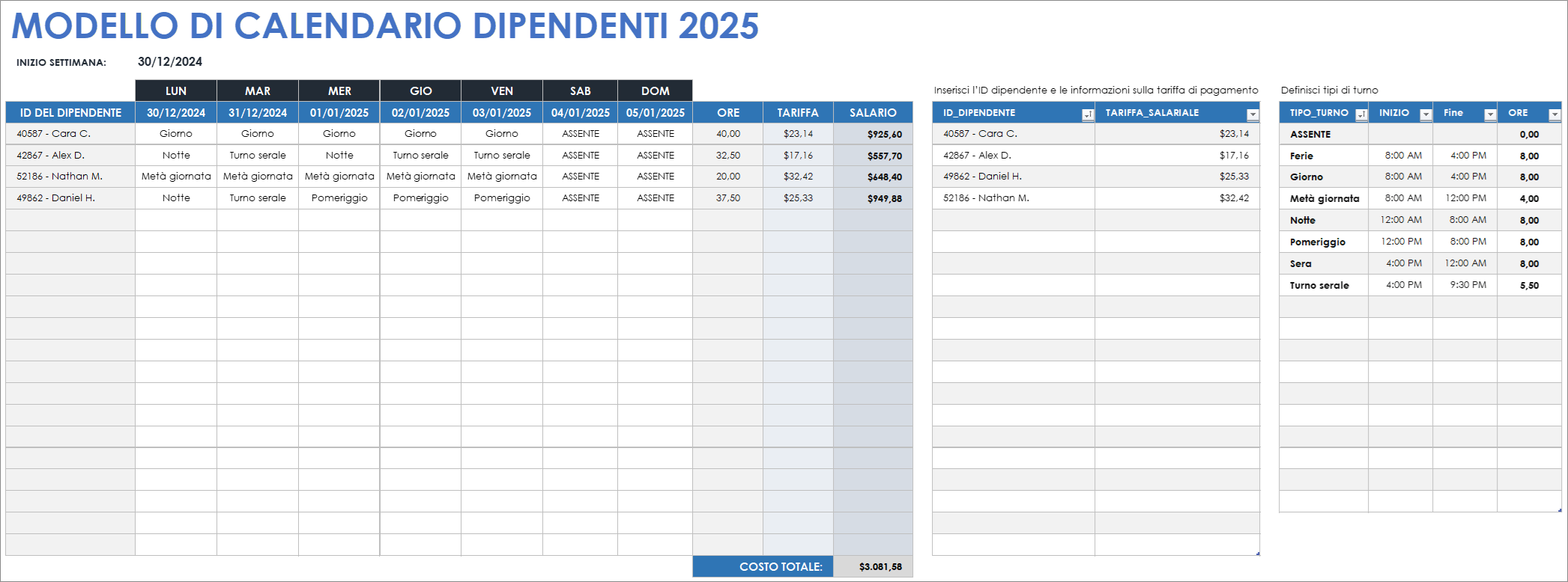 Modello di calendario dipendenti 2025