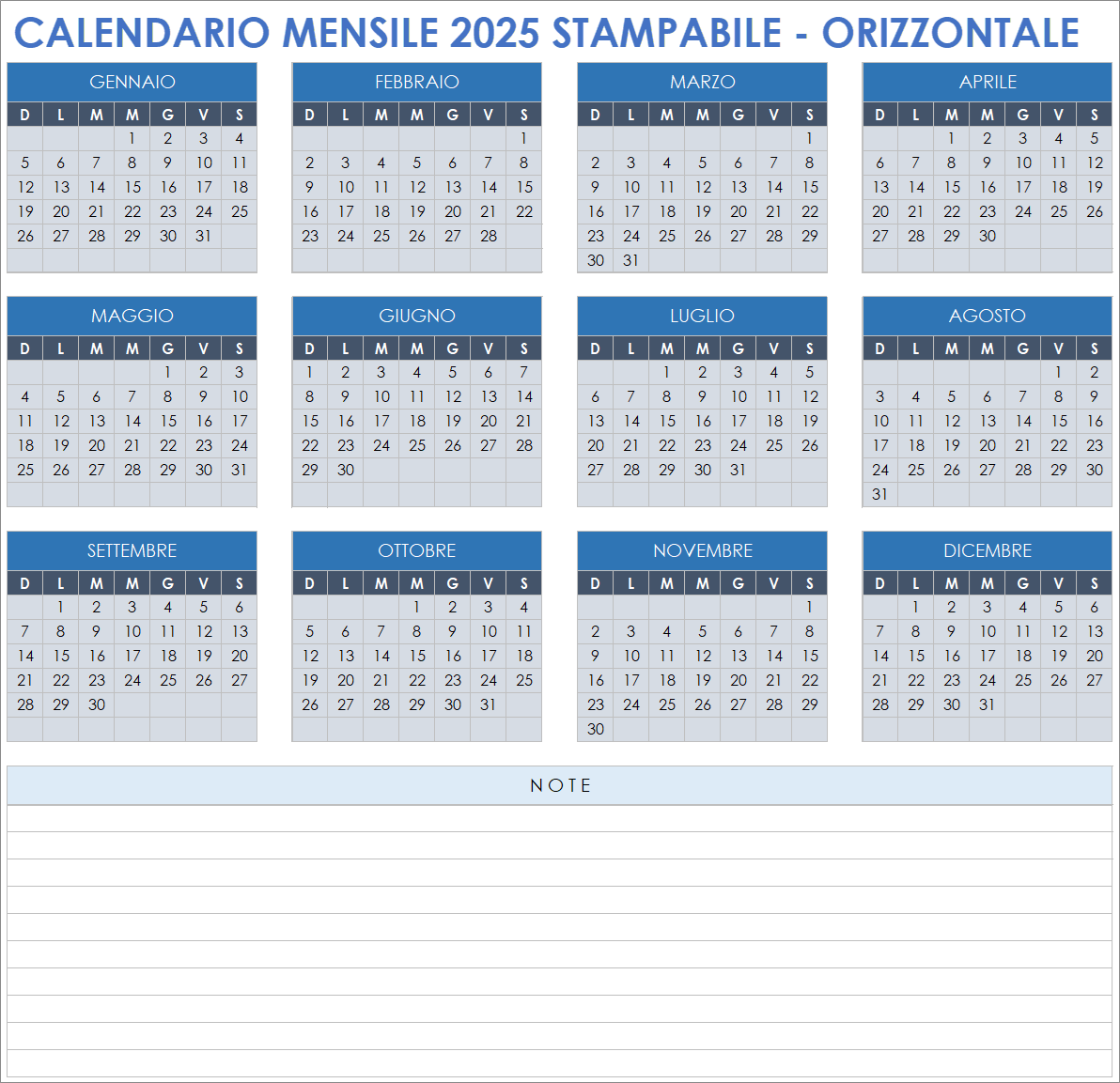 Calendario mensile 2025 stampabile, orizzontale