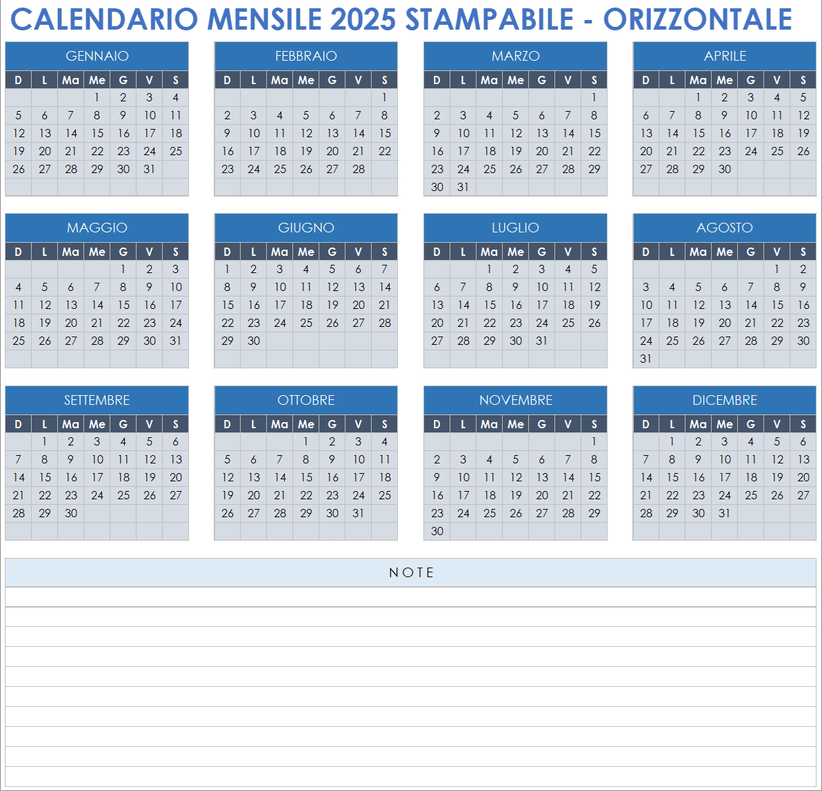 Calendario mensile 2025 stampabile, orizzontale