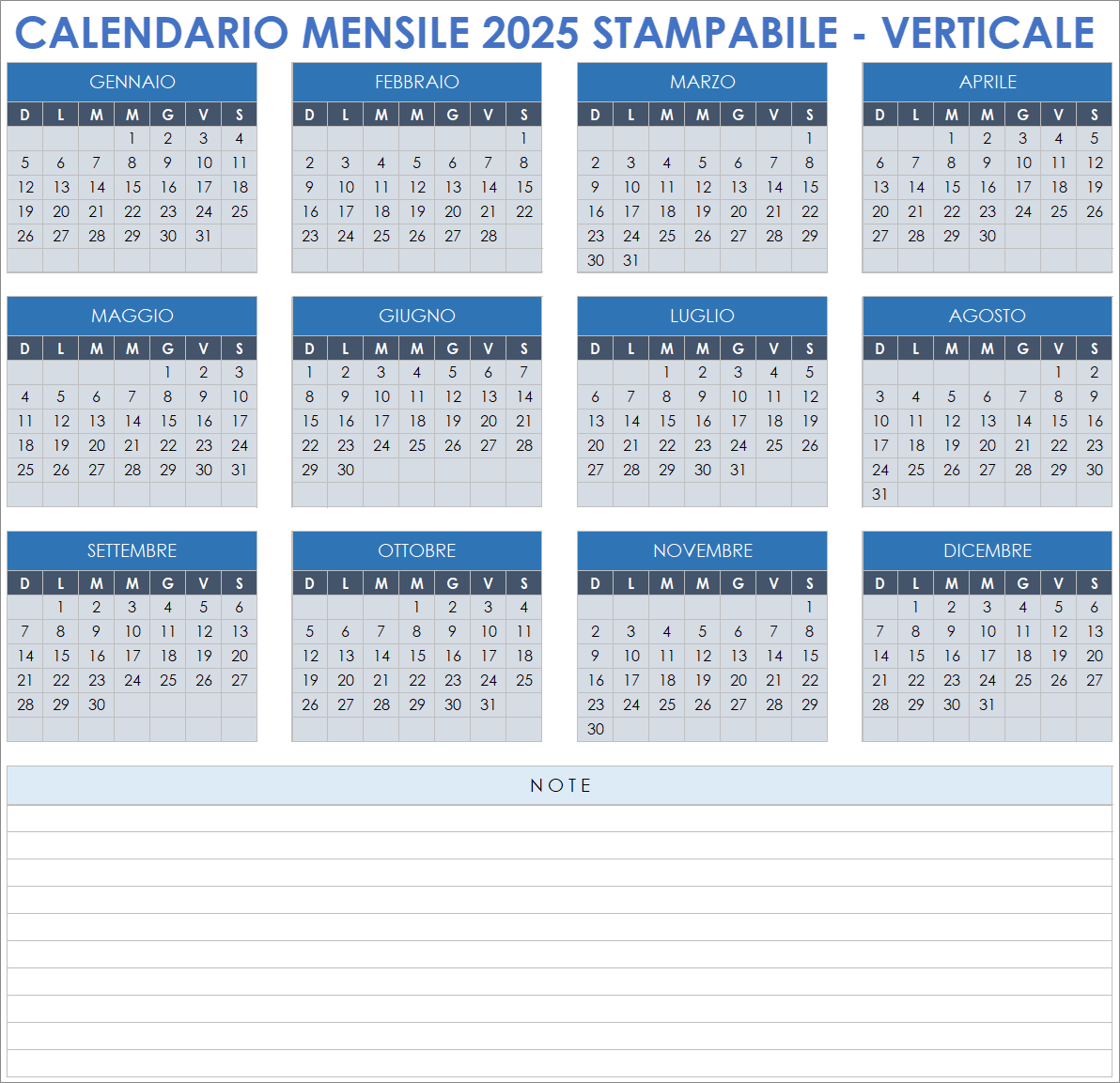 Calendario mensile 2025 stampabile, verticale