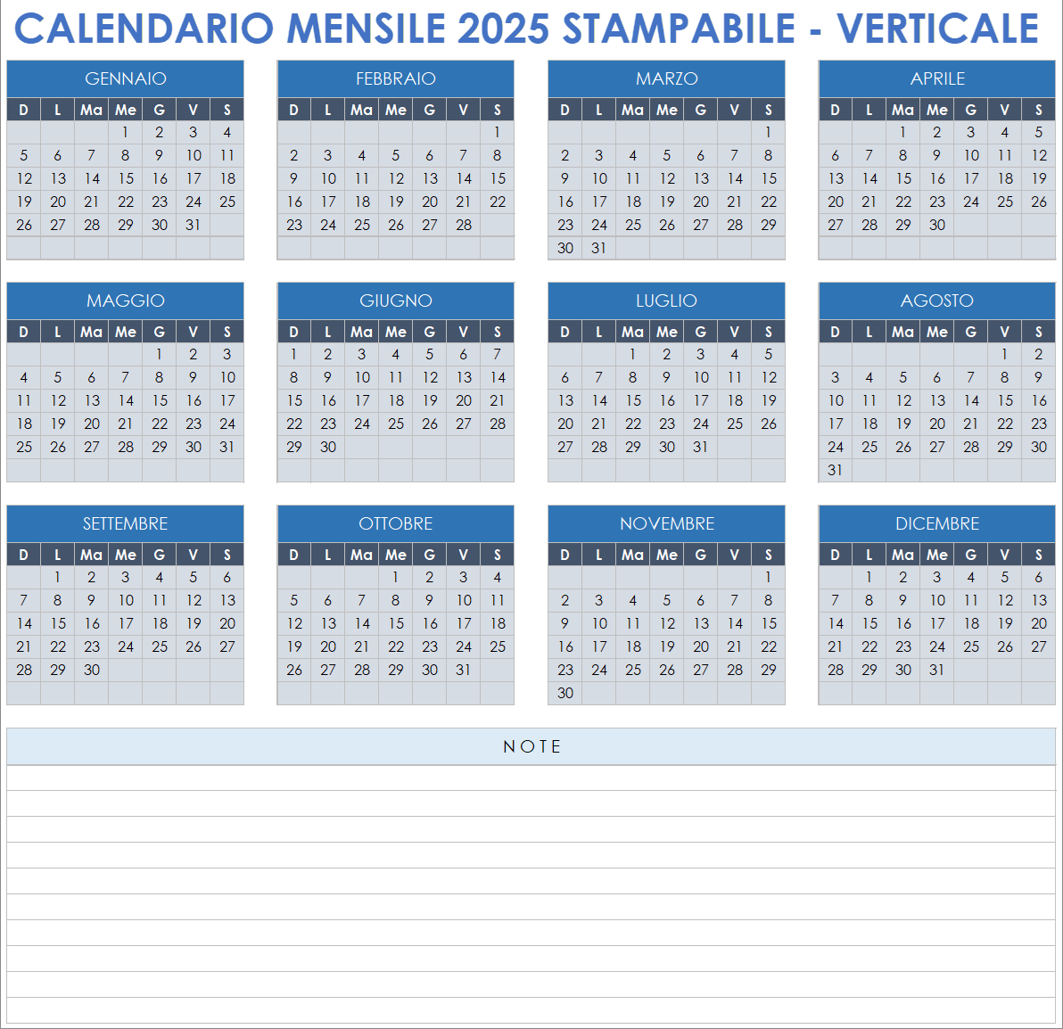 Calendario mensile 2025 stampabile, verticale