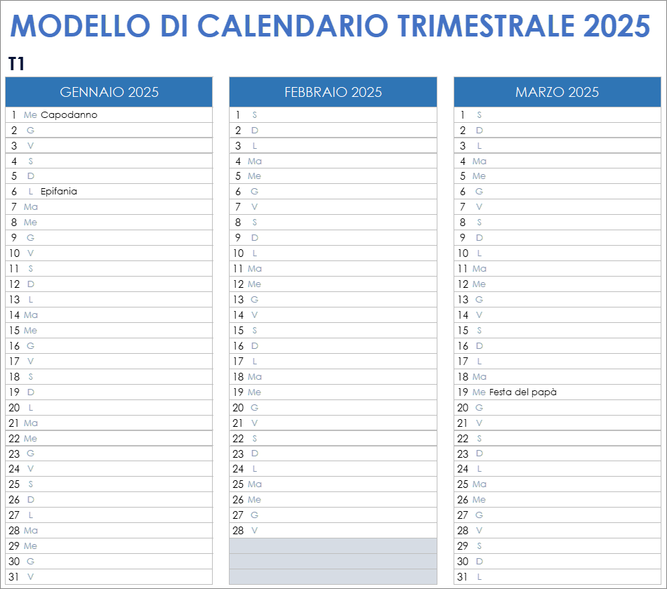 Modello di calendario trimestrale 2025