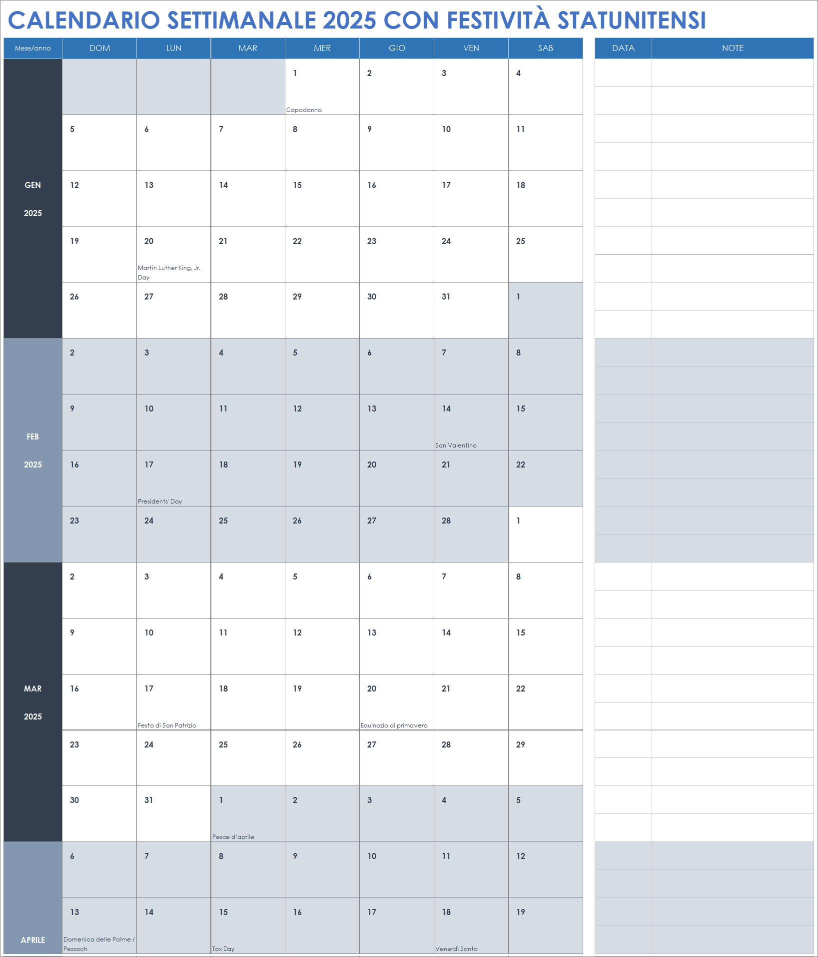 Calendario settimanale 2025 con festività statunitensi