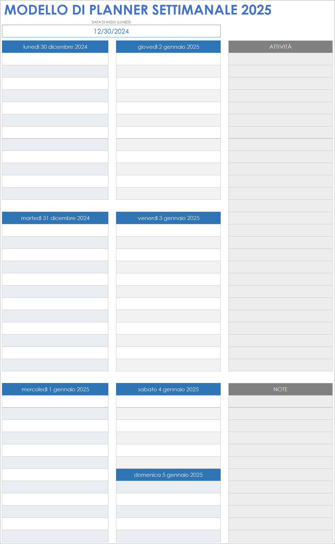 Modello di planner settimanale 2025