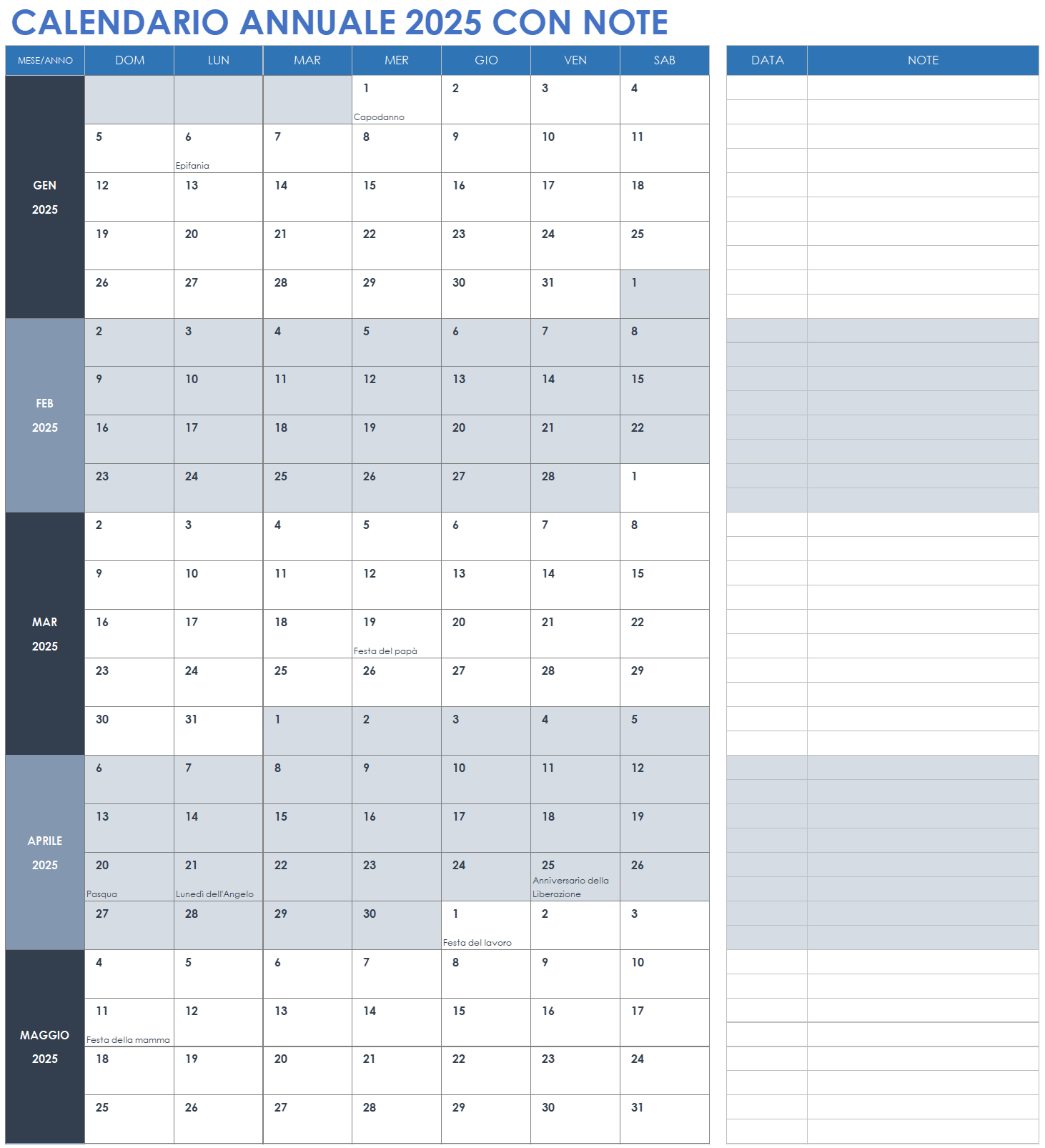 Calendario annuale 2025 con note