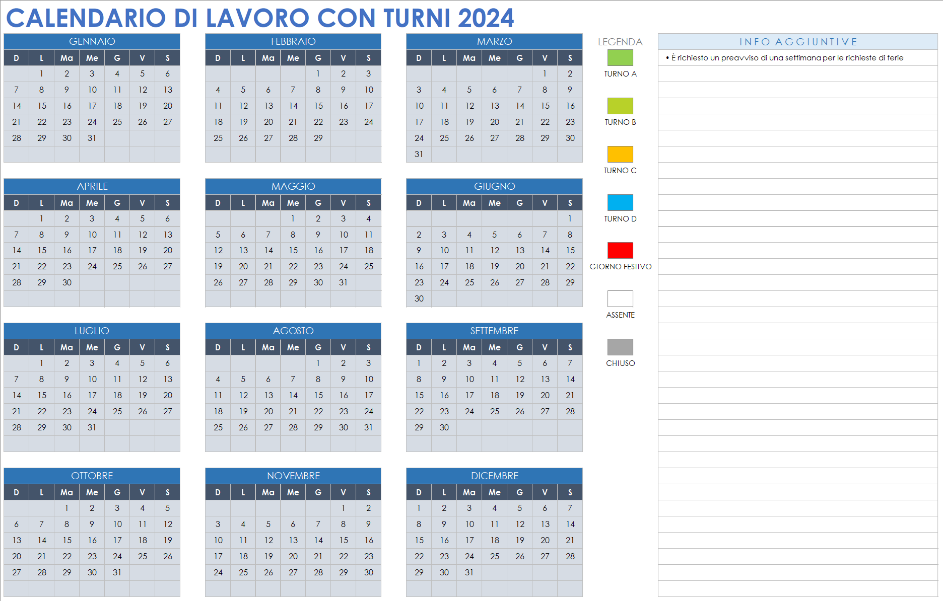 Calendario mensile di lavoro con turni 2024