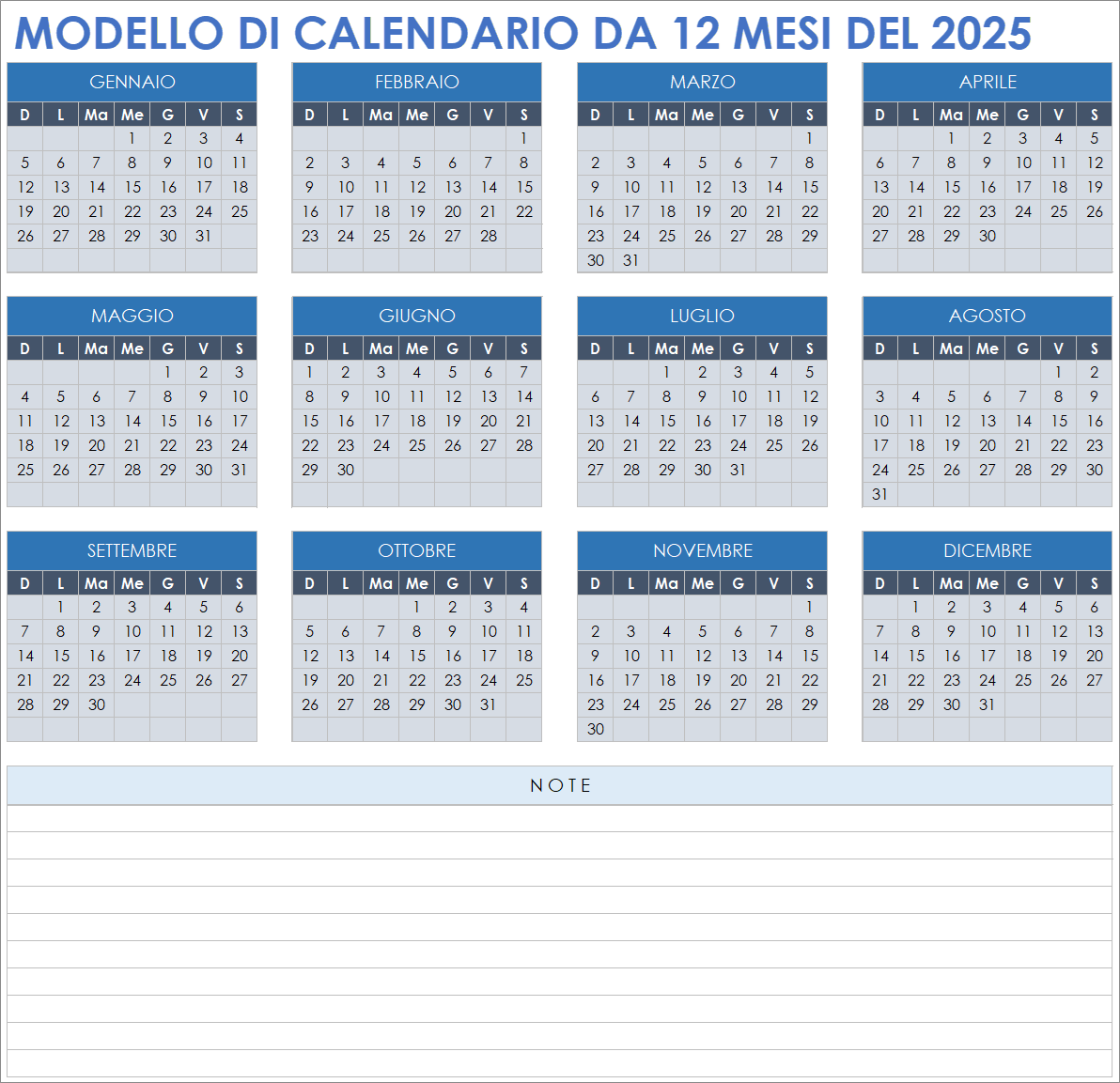 Modello di calendario da 12 mesi 2025