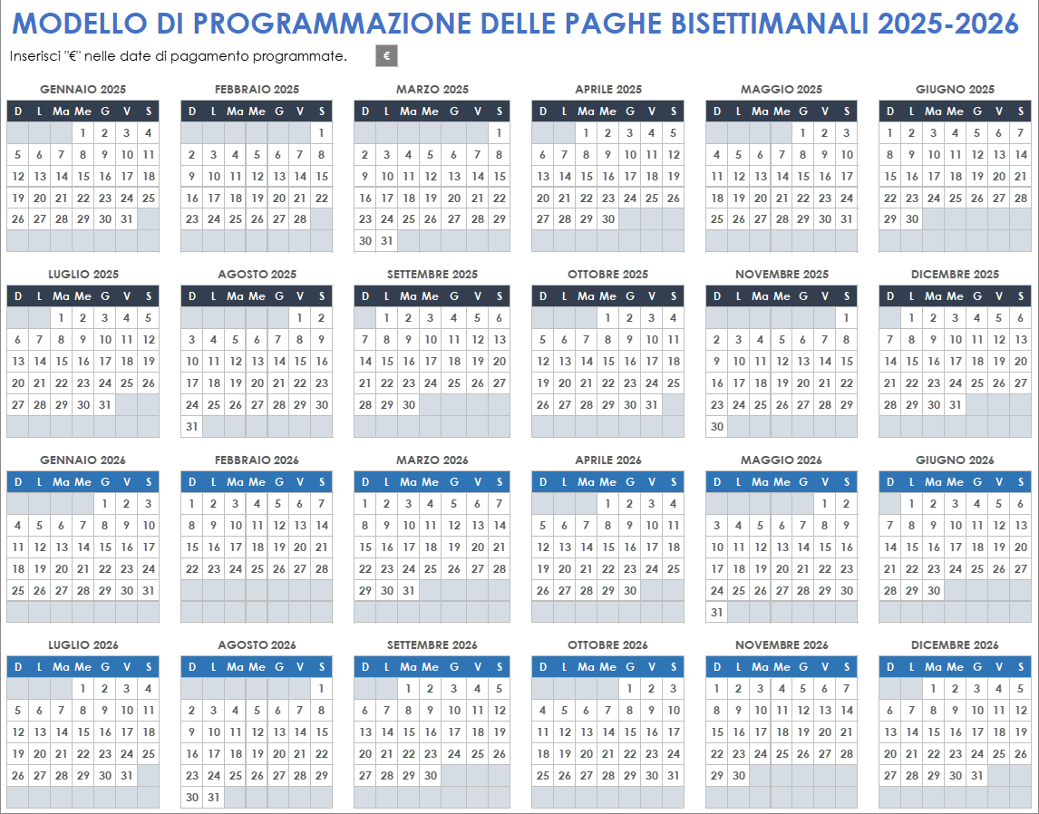 Modello di pianificazione delle paghe bisettimanali 2025-2026