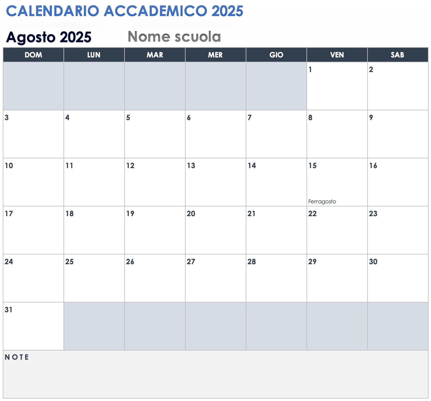 Scarica il modello di calendario accademico del 2025