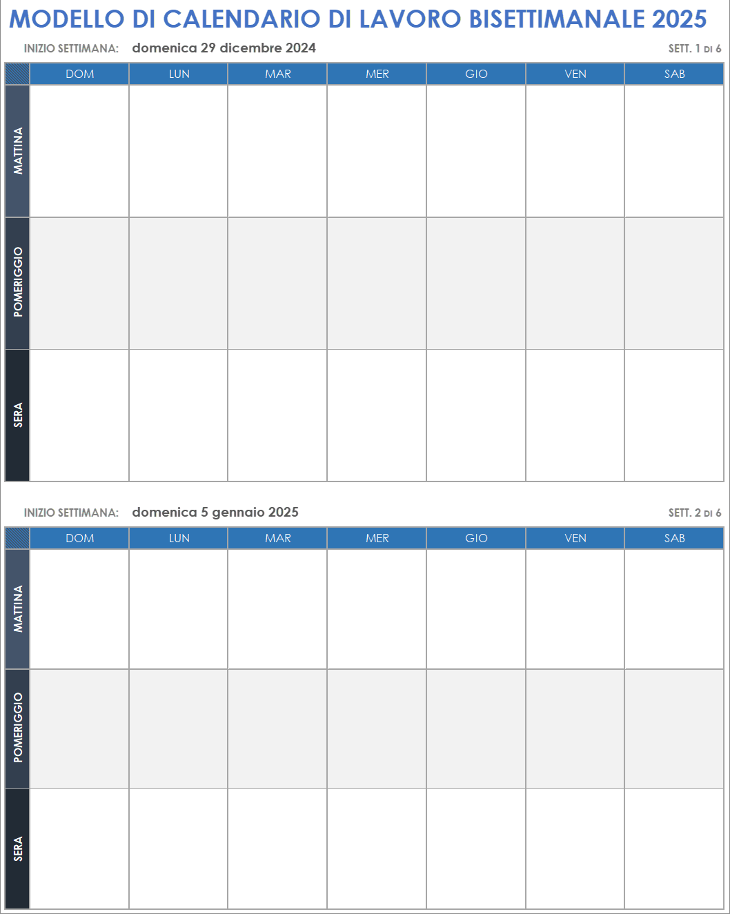 Modello di calendario di lavoro bisettimanale 2025