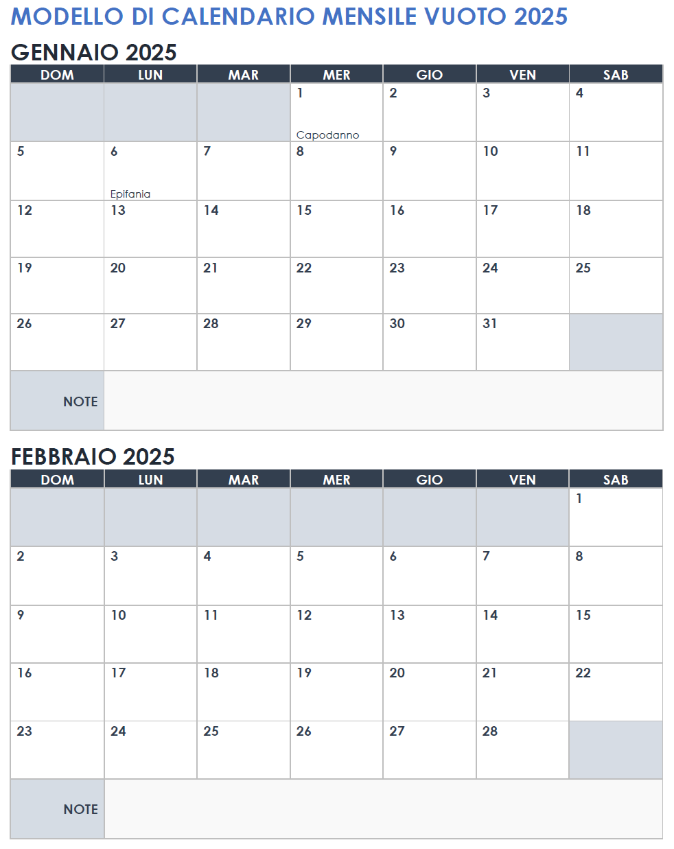 Modello di calendario mensile vuoto 2025