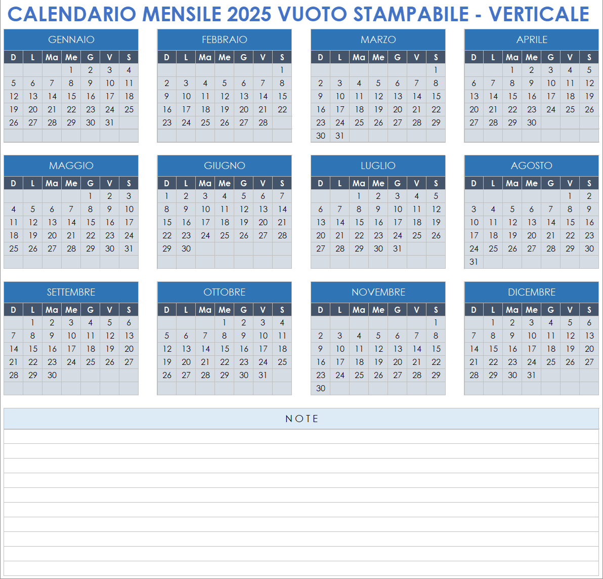 Calendario 2025 mensile vuoto stampabile verticale